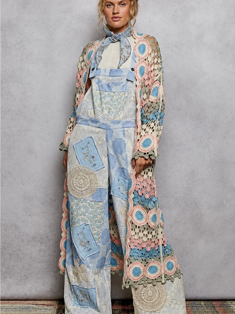POL Multicolor Crochet Lace Maxi Duster Cardigan Boho Pink Blue Green OS